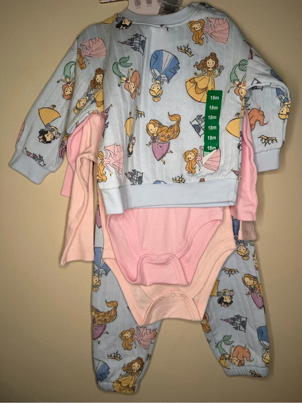 Disney Baby Girls Light Blue & Pink Princess Print One-Piece Bodysuit Set